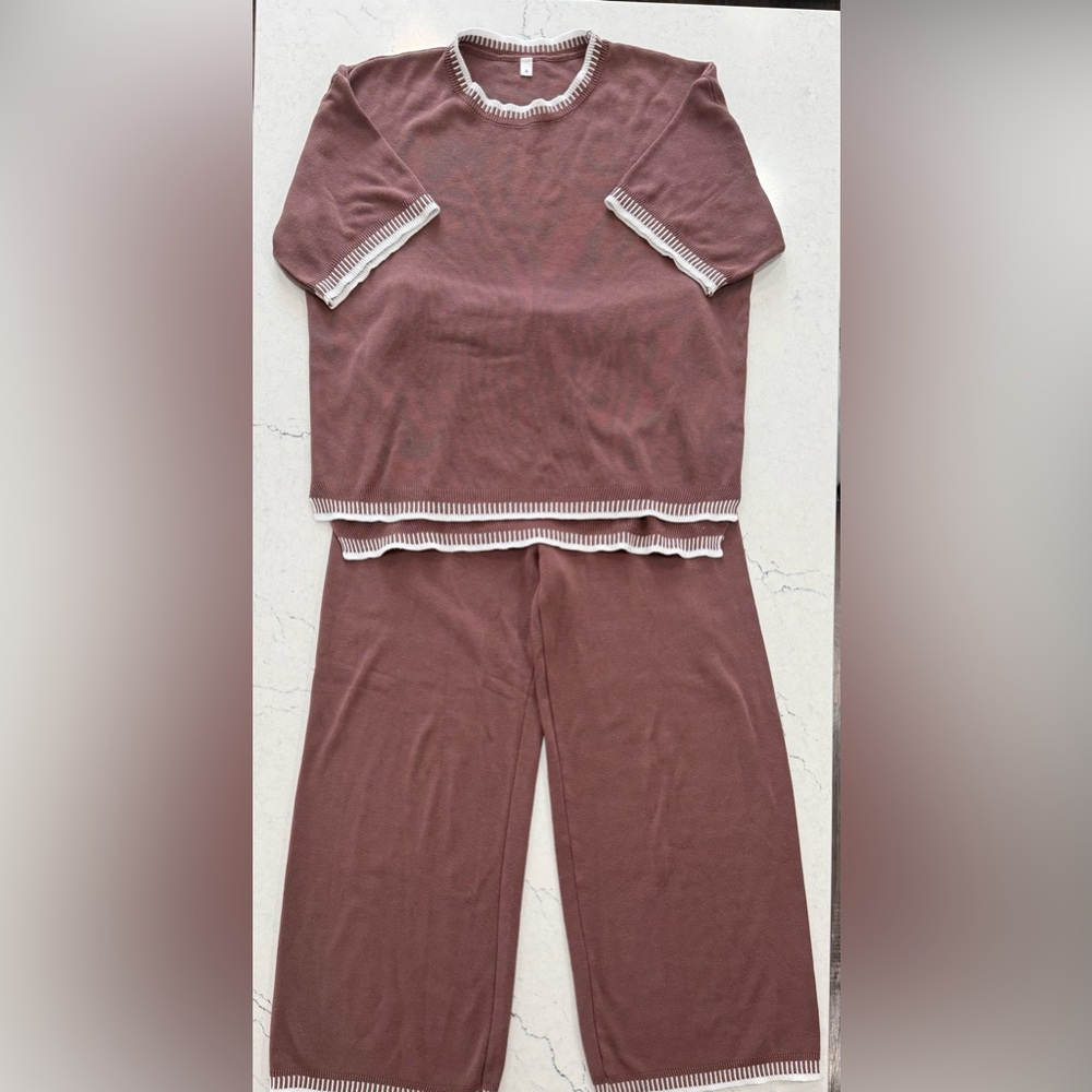 Brown 2 piece knit pants short sleeve shirt lounge set comfy travel small